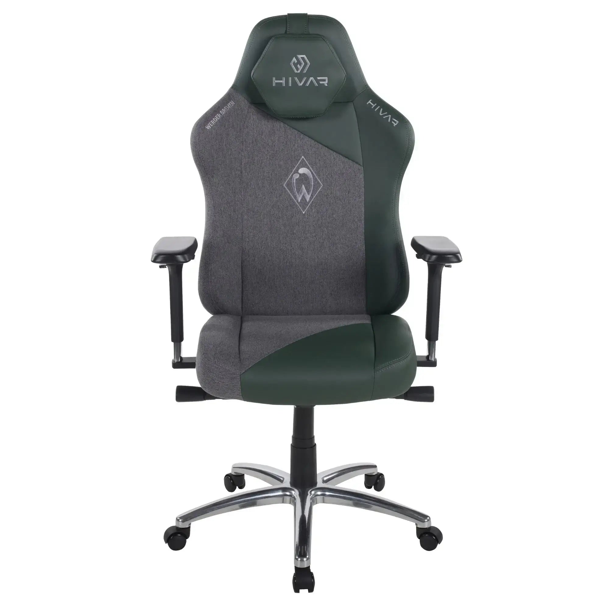 HIVAR Werder Bremen Edition Silver, Vorderansicht – dunkelgrünes Kunstleder, dunkelgrauer Webstoff, silbernes Fußkreuz