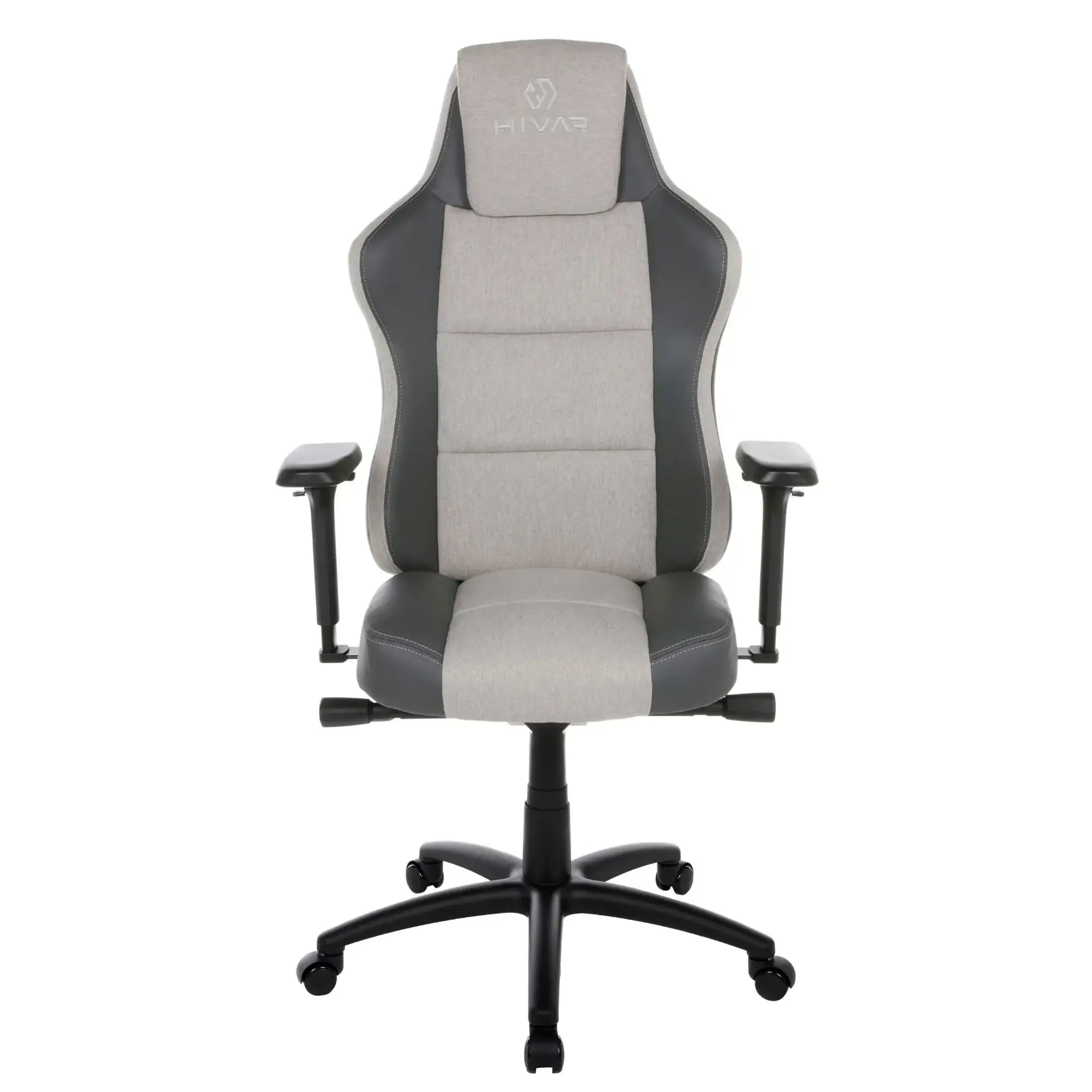 HIVAR Eqlipse Cloud Coal, Vorderansicht – anthrazitfarbenes Kunstleder, hellgrauer Webstoff, schwarzes Fußkreuz