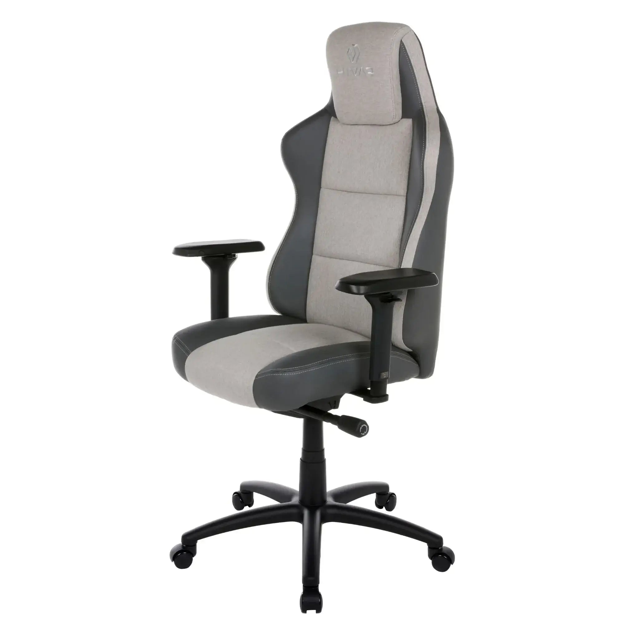 HIVAR Eqlipse Cloud Coal, linke vordere Seitenansicht – ergonomische Form, 4D-Armlehnen, schwarzes Fußkreuz