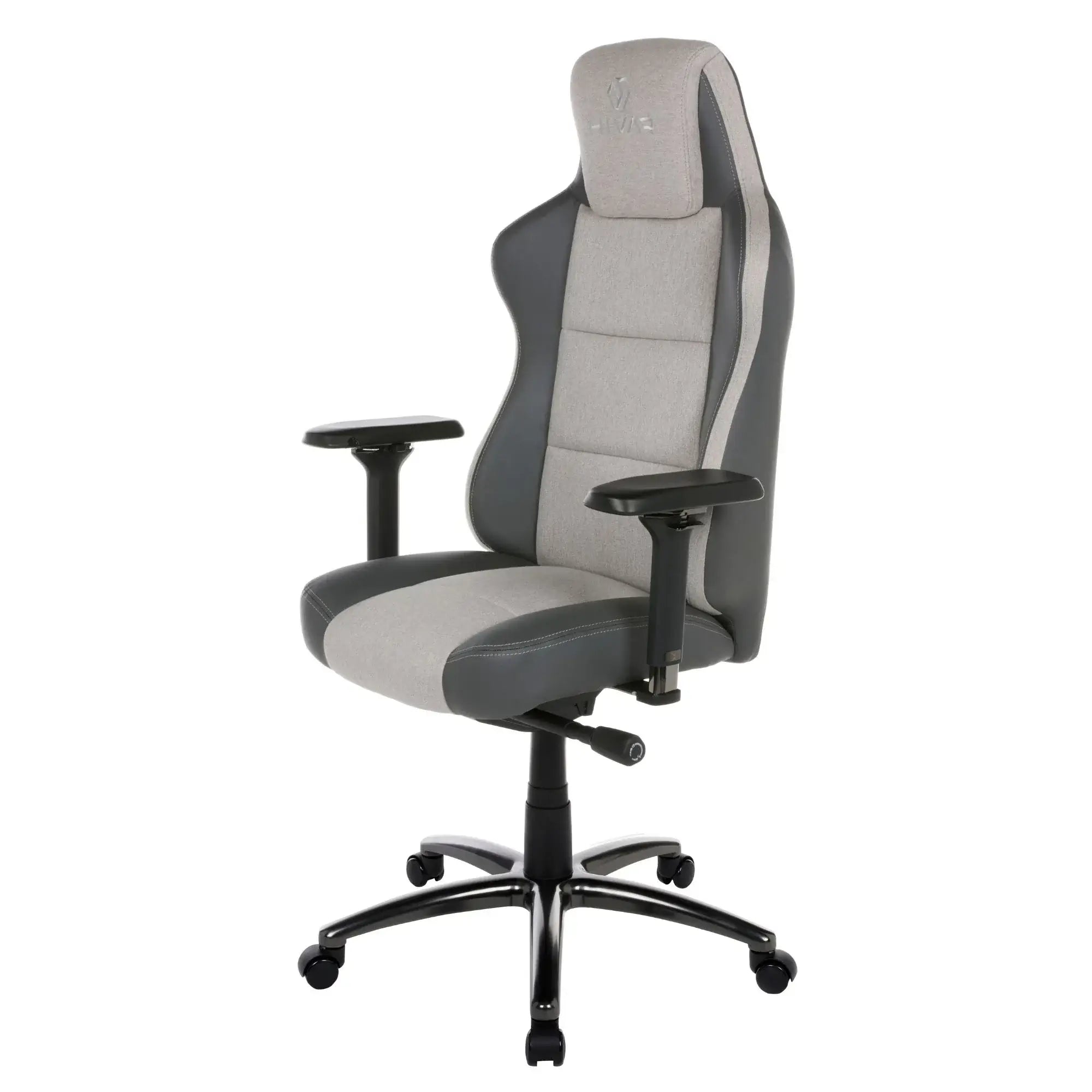 HIVAR Eqlipse Cloud Obsidian, linke vordere Seitenansicht – ergonomische Form, 4D-Armlehnen, anthrazitfarbenes Fußkreuz