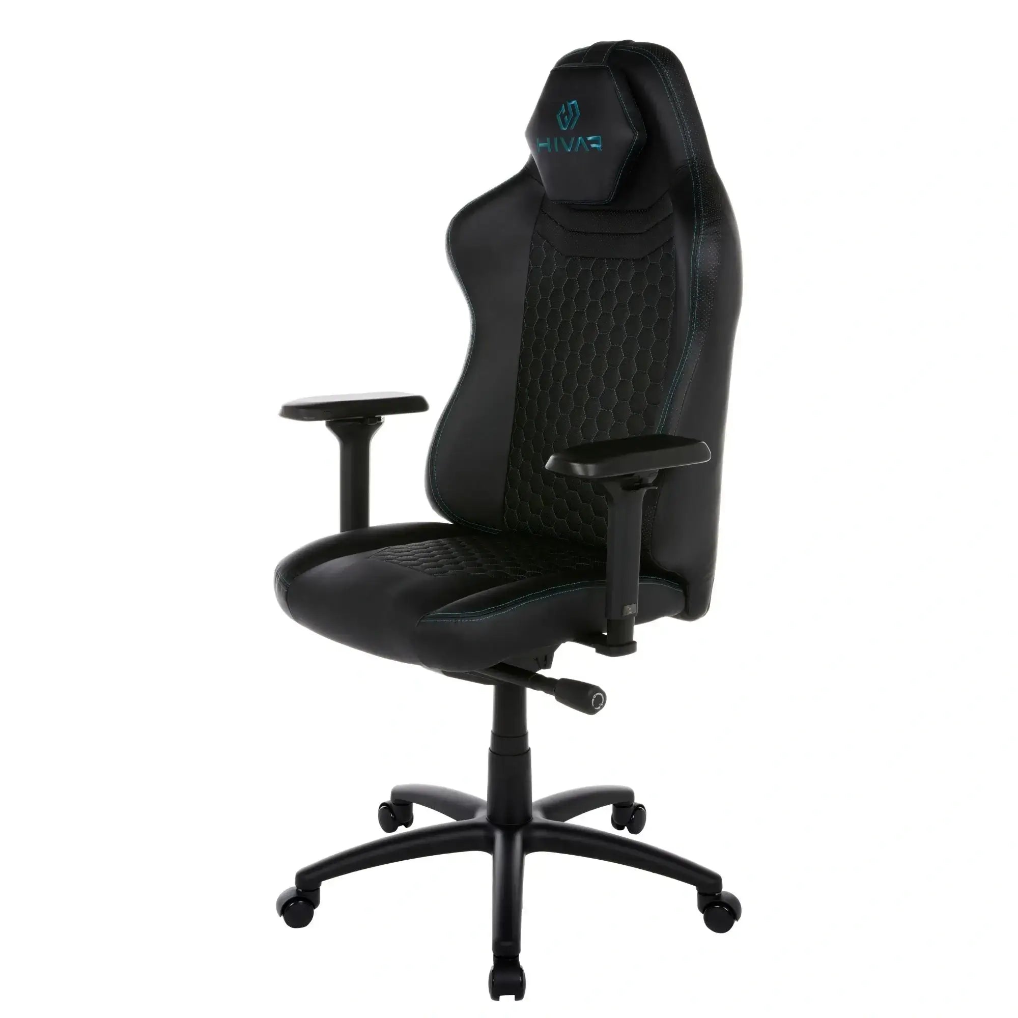 HIVAR Orbical Onyx Coal, linke vordere Seitenansicht – ergonomische Form, 4D-Armlehnen, schwarzes Fußkreuz
