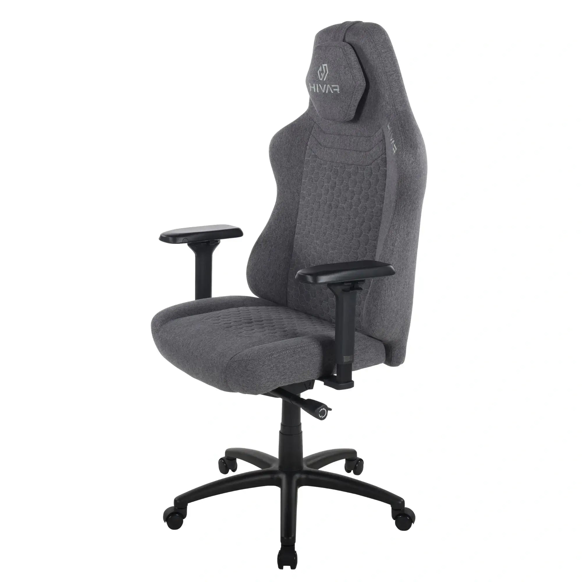 HIVAR Orbical XL Nebulon Coal, linke Seitenansicht – ergonomische Rückenlehne, schwarze 4D-Armlehnen, stabiles Fußkreuz