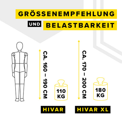 Hivar Gaming Stuhl Größenempfehlung und Belastbarkeit, HIVAR bis 110 kg belastbar, HIVAR XL bis 180 kg belastbar