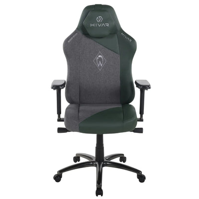 HIVAR Werder Bremen Edition Obsidian, Vorderansicht – dunkelgrünes Kunstleder, dunkelgrauer Webstoff, anthrazitfarbenes Fußkreuz