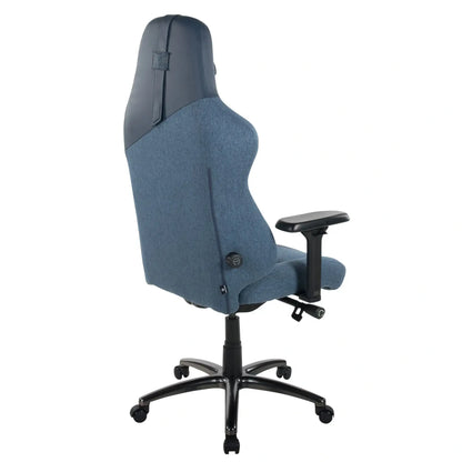 HIVAR Skylar XL Ocean Obsidian, Rückansicht – ergonomische Form mit blauer Naht, stabiles anthrazitfarbenes Fußkreuz